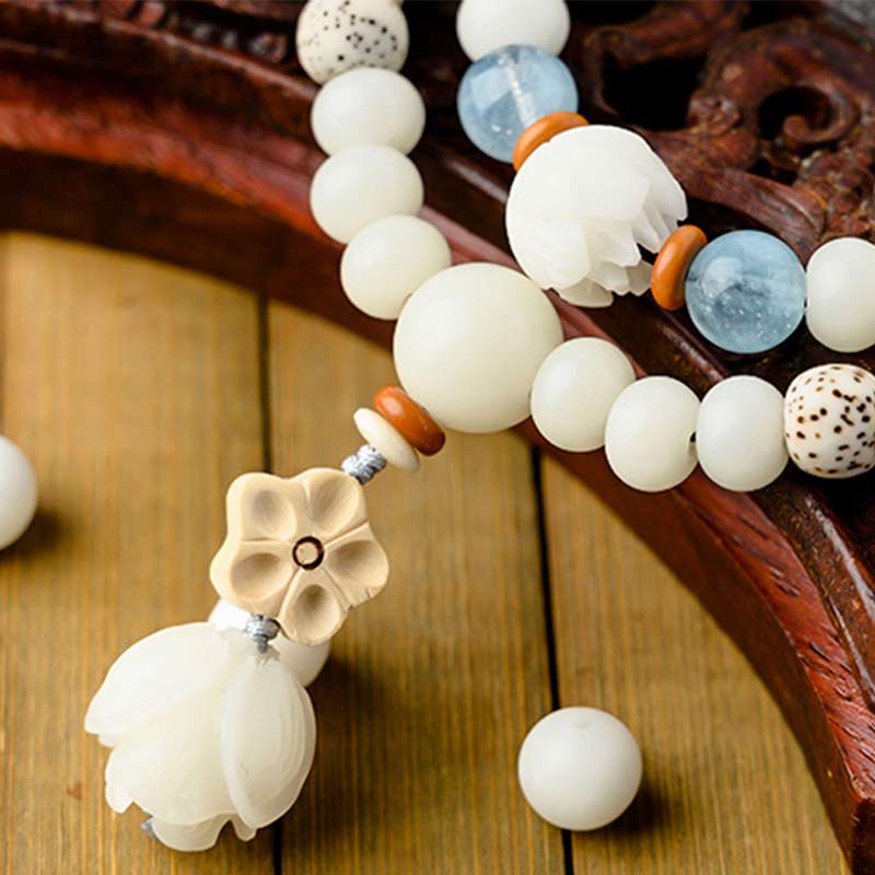 Bracelet de bénédiction Bodhi Lotus en jade blanc tibétain Buddha Stones