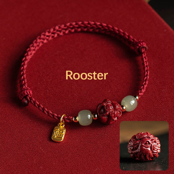 Bracelet en corde porte-bonheur en jade Hetian Buddha Stones et cinabre naturel, signe du zodiaque chinois