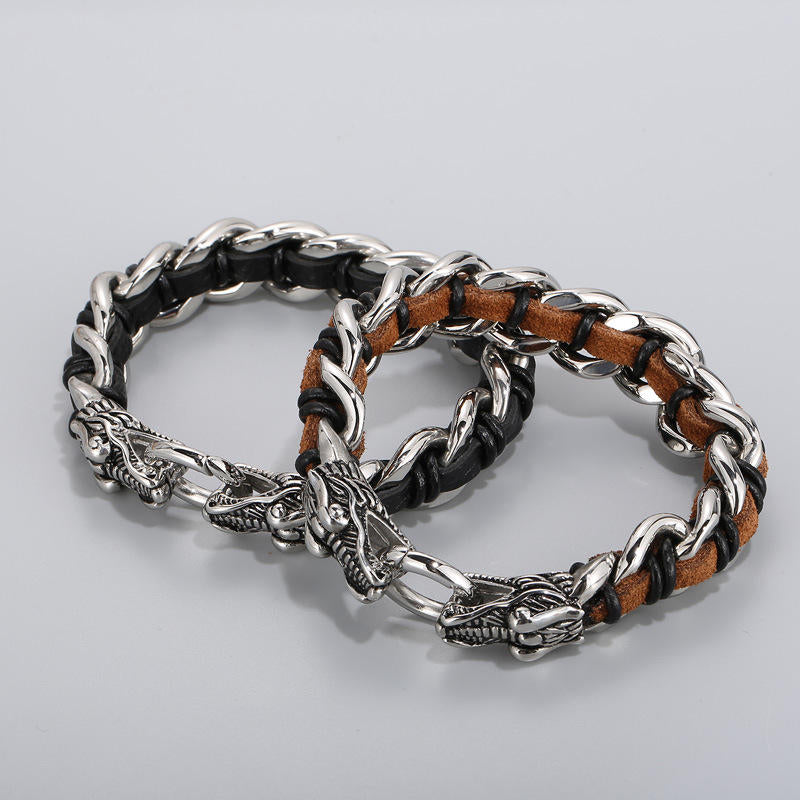 Bracelet tressé en cuir de dragon et acier titane pour protection et chance