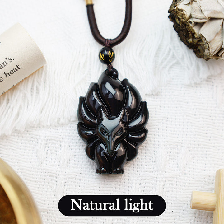 Collier pendentif positif en obsidienne arc-en-ciel naturelle Buddha Stones et obsidienne dorée brillante à neuf queues