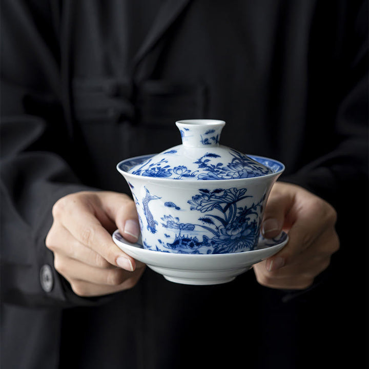 Buddha Stones Porcelaine Bleue et Blanche Lotus Koi Poisson Danse du Lion Pastèque Céramique Gaiwan Sancai Tasse à Thé Kung Fu Tasse à Thé Et Soucoupe Avec Couvercle 300 ml