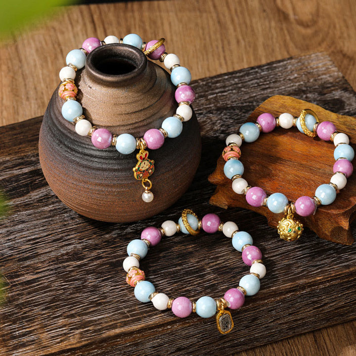 Buddha Stones Tibétain Zakiram Déesse de la Richesse Lapin Tête de Lion Charme Liuli Verre Encens Cendres Perle de Porcelaine Bracelet de Protection