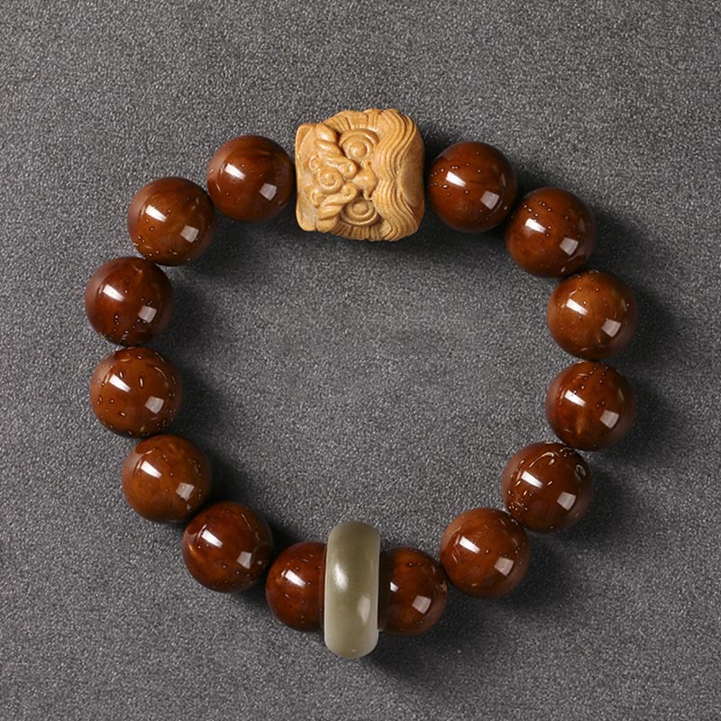 Bracelet de sagesse du lion dansant en Buddha Stones et graines de Bodhi violettes