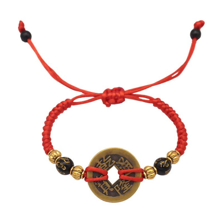Bracelet tissé en fil rouge avec pièces de cuivre et Buddha Stones