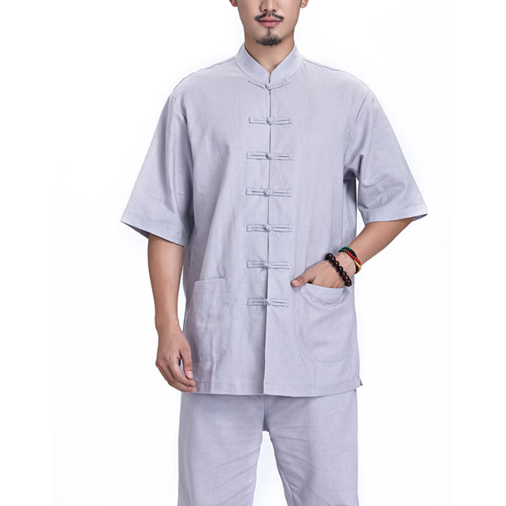 Ensemble pour homme en coton et lin avec boutons en forme de grenouille chinoise et Buddha Stones, méditation, prière, pratique spirituelle zen, yoga - Gris (manches courtes) - US/UK/AU44，EU54 (3XL) - image 20