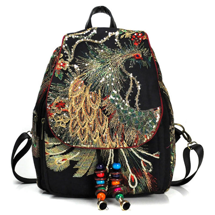 Sac à dos à pompons en toile avec broderies de paon et Buddha Stones