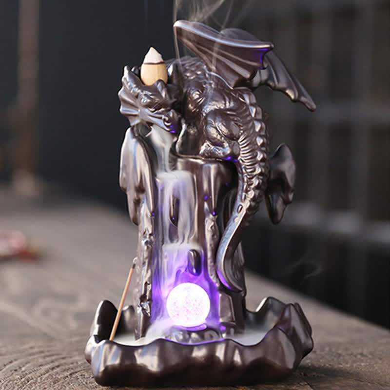 Fontaine à fumée à refoulement en céramique avec dragon nordique, brûleur d'encens de guérison et de méditation, décoration à boule LED