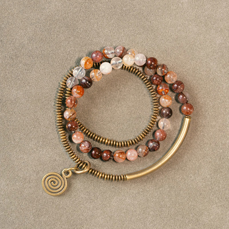 Bracelet en cuivre Love Forgive Buddha Stones quartz hématoïde rouge fantôme violet et quartz rutile vert