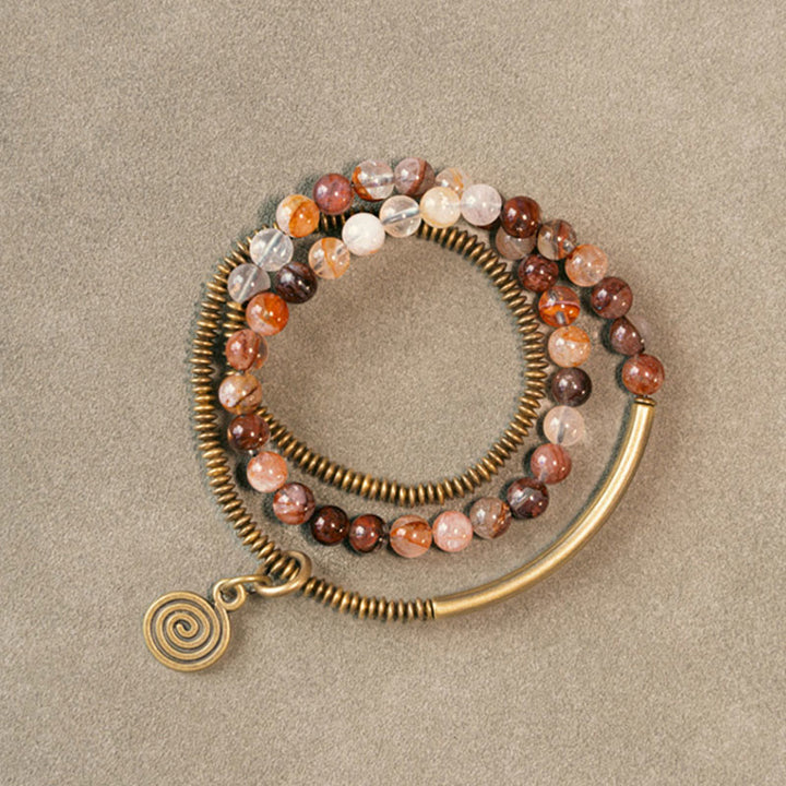 Bracelet en cuivre Love Forgive Buddha Stones quartz hématoïde rouge fantôme violet et quartz rutile vert