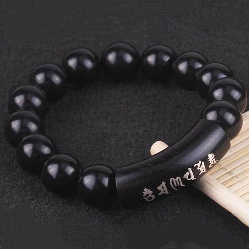 Bracelet d'équilibre incrusté de Buddha Stones en argent sterling 999 et bois d'ébène Om Mani Padme Hum