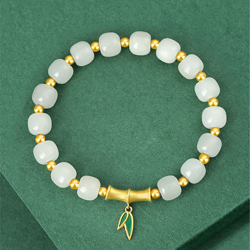 Bracelet porte-bonheur en argent sterling 925 et jade blanc Hetian en bambou Buddha Stones