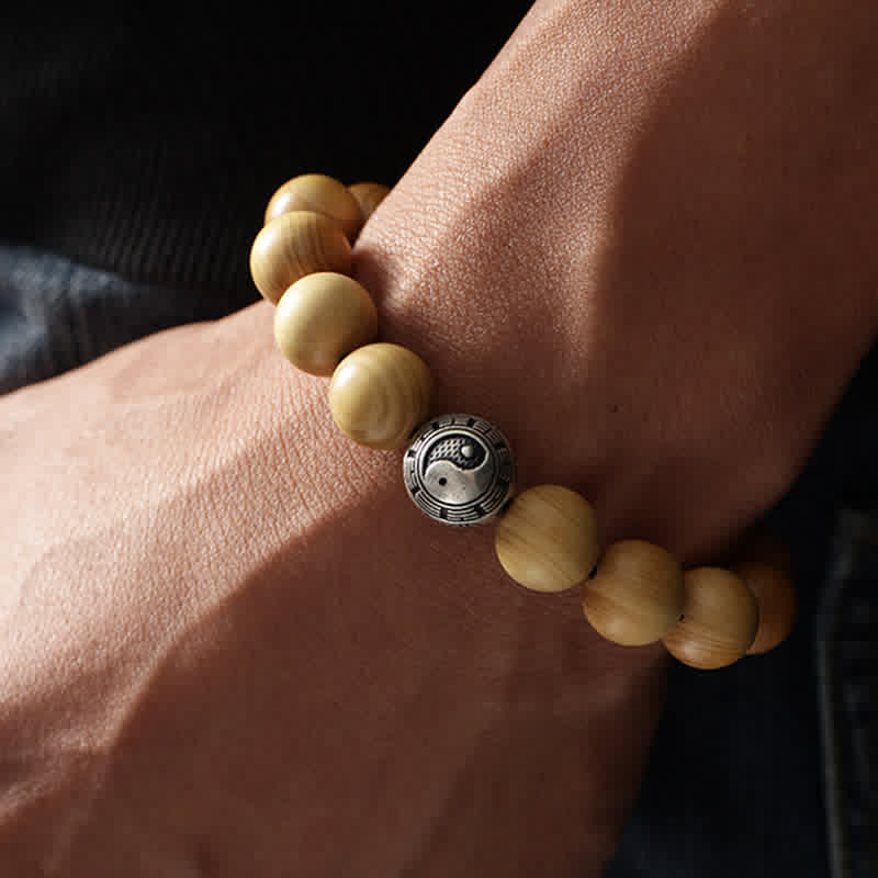 Bracelet tibétain en bois de pêcher, lotus, cinabre, Bagua, Yin Yang, porte-bonheur et richesse