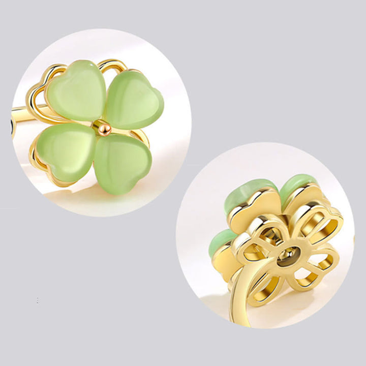 Bague rotative en zircon avec trèfle à quatre feuilles et œil de chat en Buddha Stones