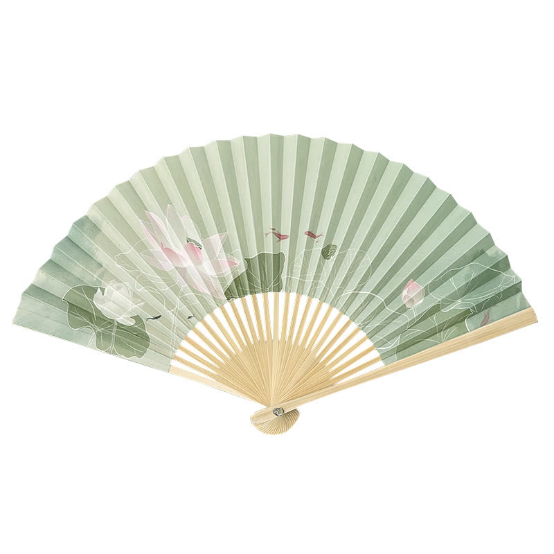 Éventail pliant en bambou et papier à main avec Buddha Stones, fleurs de lotus, feuilles, poisson koï