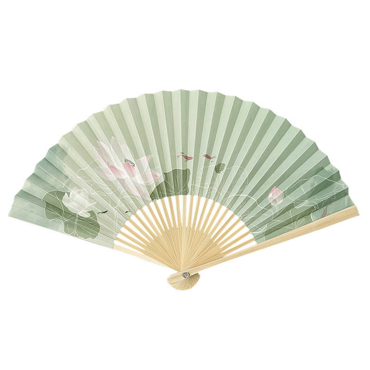 Éventail pliant en bambou et papier à main avec Buddha Stones, fleurs de lotus, feuilles, poisson koï