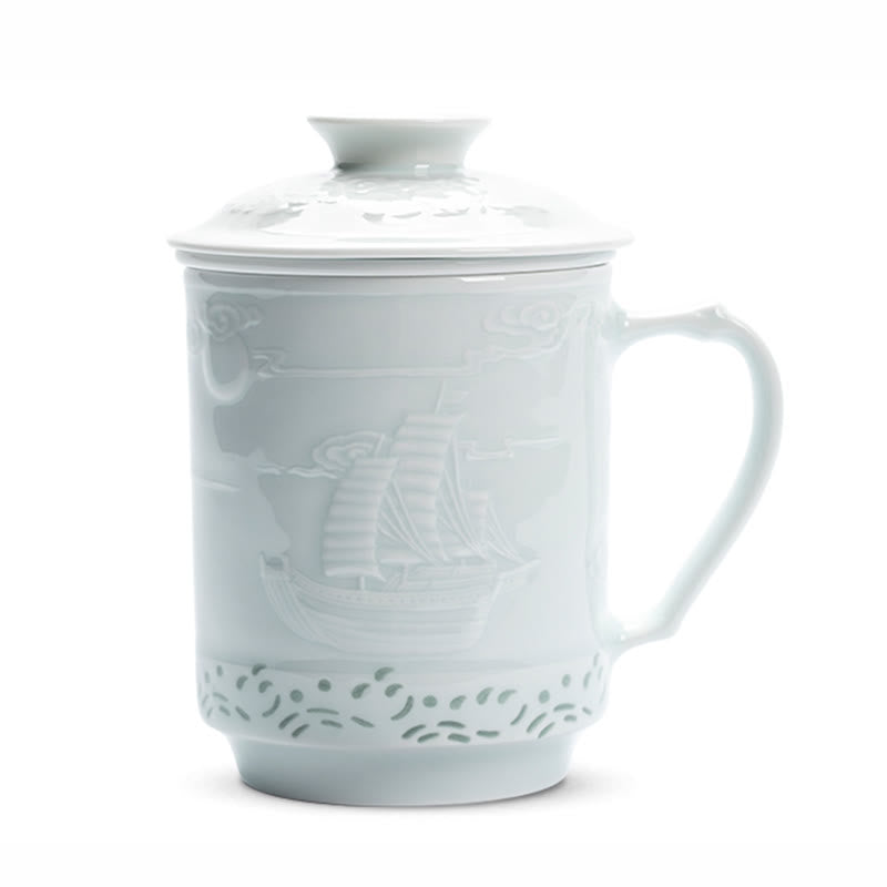 Buddha Stones Jingdezhen Linglong Porcelaine Auspicieux Dragon Phoenix Bateau Voile Douce Tasse à Thé en Céramique Tasses à Thé de Bureau 420 ml