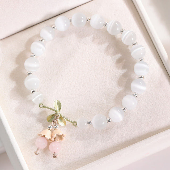 Bracelet à breloques Buddha Stones de chat en aventurine verte et calcédoine bleue en cristal rose et orchidée de la paix - Œil de chat et cristal rose - image 3