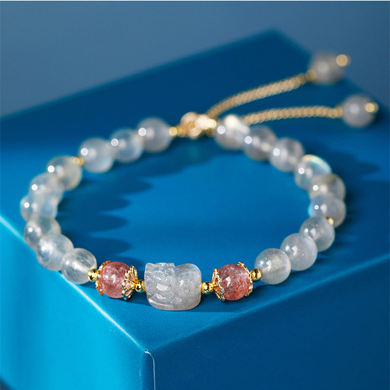Bracelet de guérison PiXiu en aigue- Buddha Stones, quartz fraise, améthyste et pierre de lune