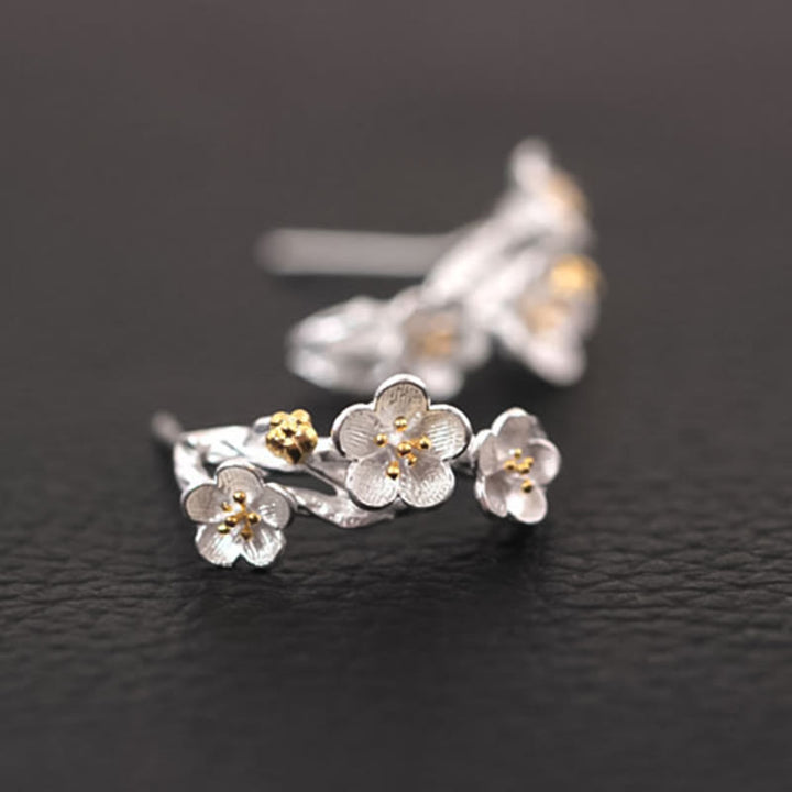 Boucles d'oreilles en argent sterling 925 Buddha Stones et fleurs de prunier