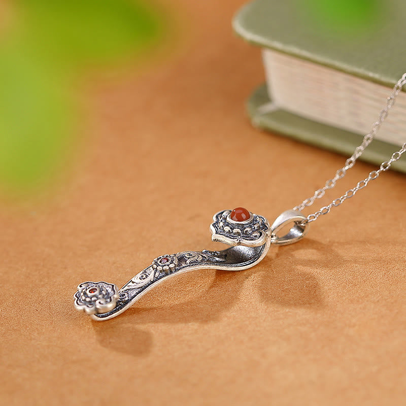 Collier pendentif en argent sterling 925 Buddha Stones, agate rouge, jade cyan, nuages de bon augure, poignée Ruyi, bénédiction