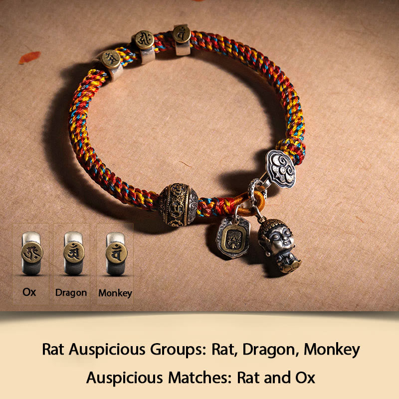 Bracelet tressé en corde multicolore avec Buddha Stones en argent sterling 925 tibétain fait à la main, signe du zodiaque chinois, Bouddha natal Zakiram, déesse de la protection de la richesse - Avalokitesvara aux mille bras - 17-19 cm - image 1