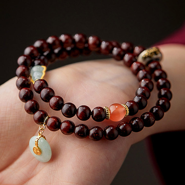 Buddha Stones Zodiaque chinois Bouddha natal Petite feuille Bois de santal rouge Jade Agate rouge Bracelet apaisant PiXiu