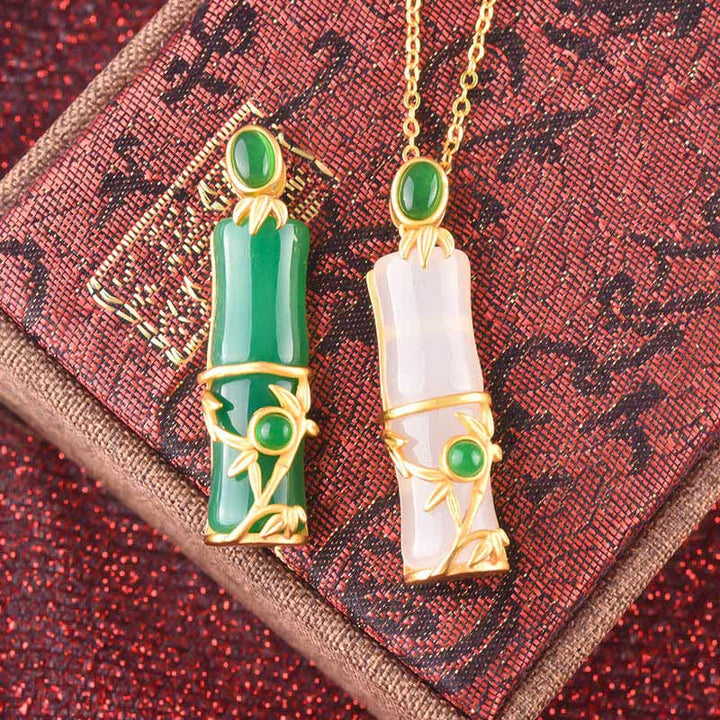 Collier pendentif de protection en bambou et jade blanc et jade cyan Buddha Stones