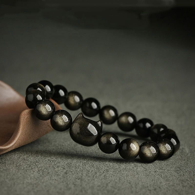 Bracelet de protection porte-bonheur en obsidienne dorée et argentée avec Buddha Stones et jolie patte de chat porte-bonheur - image 5