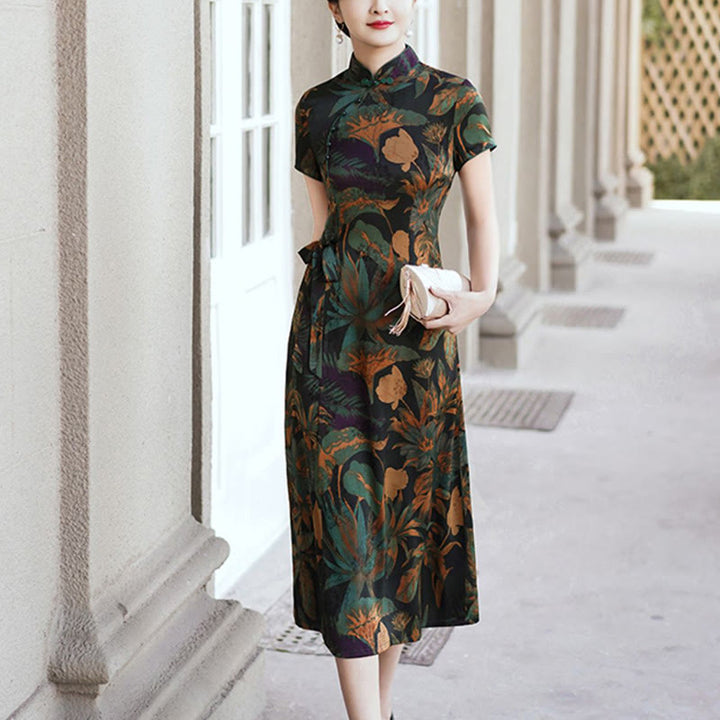 Robe Qipao en soie avec Buddha Stones, motif rétro de feuilles de fleurs, robe cheongsam pour femme