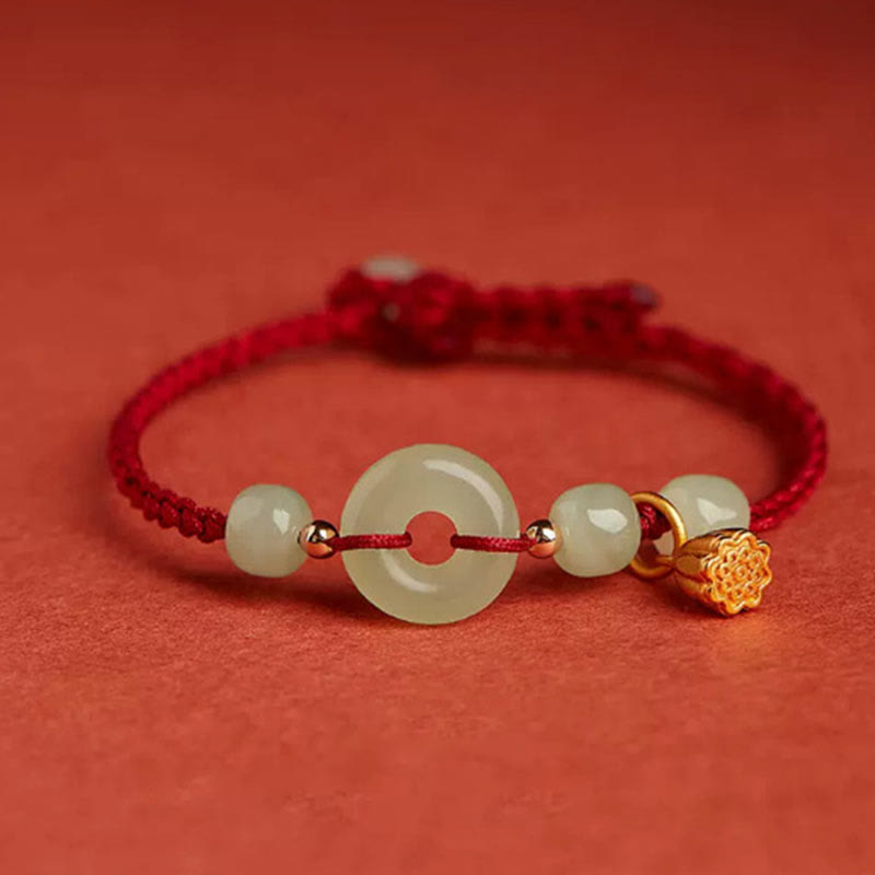 Bracelet en corde avec boucle ronde en Buddha Stones et lotus de jade pour la paix, le bonheur, l'abondance et la richesse - Lotus - Rouge foncé (Tour de poignet 14-18 cm) - image 0