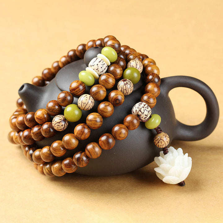 Collier et bracelet de protection en bois de rose tibétain avec Buddha Stones et lotus