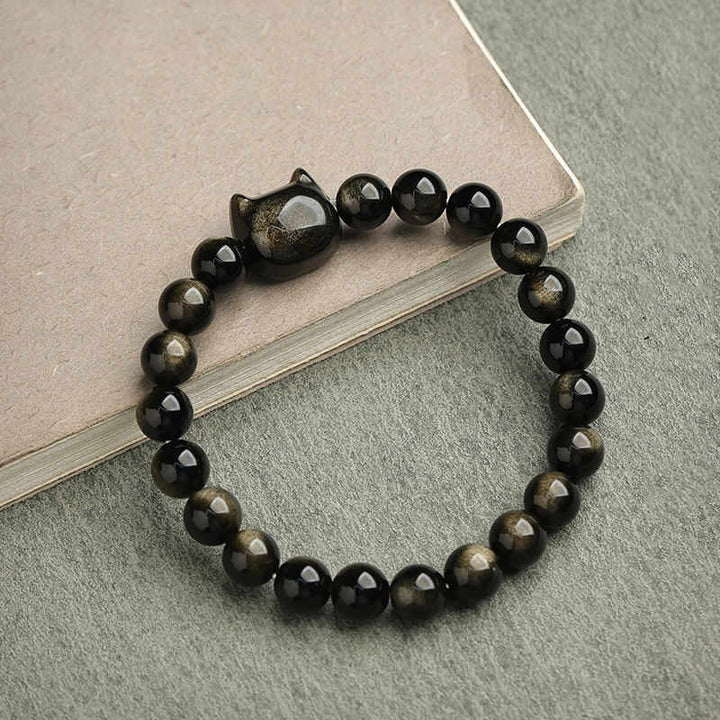 Bracelet de protection porte-bonheur en obsidienne dorée et argentée avec Buddha Stones et jolie patte de chat porte-bonheur - image 6