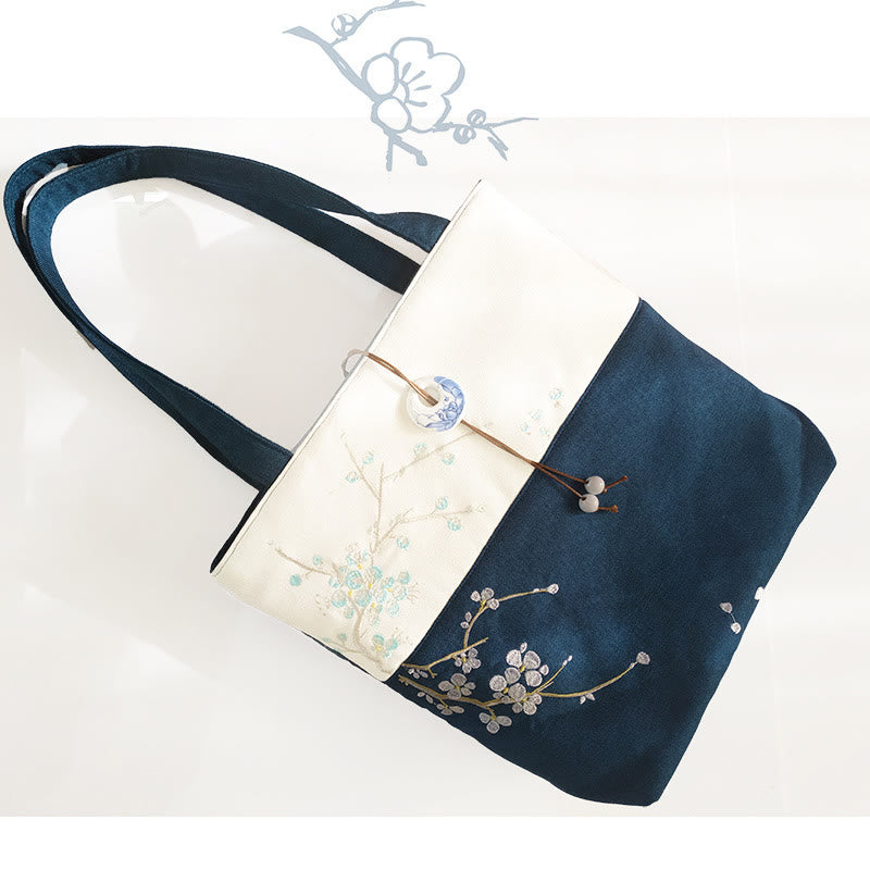 Sac à bandoulière en toile brodée de bambou avec fleur de poire, prunier, fleur de pêcher, grande capacité, sac fourre-tout
