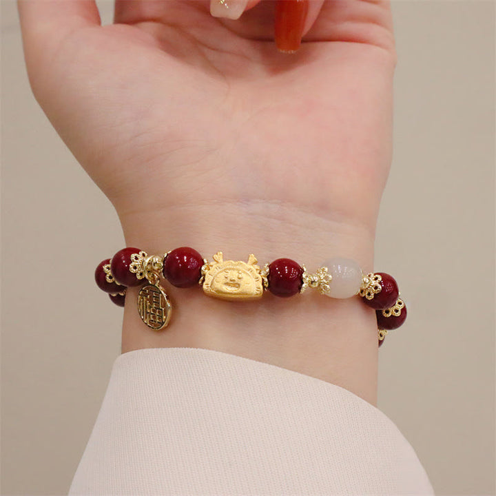 Buddha Stones Année du Dragon Agate Rouge Quartz Fraise Obsidienne Noire Jade Grenat Perle Cinabre Dumpling Dragon Luck Fu Bracelet Caractère