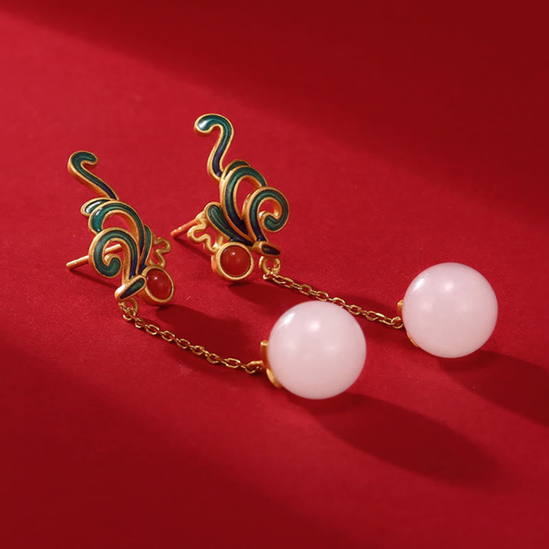 Boucles d'oreilles pendantes en jade blanc et agate rouge vintage Buddha Stones