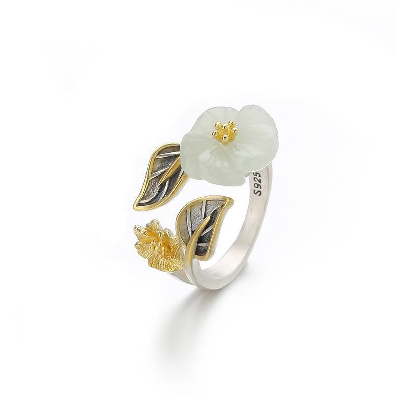 Buddha Stones bonheur en cuivre plaqué argent 925 avec jade blanc et fleur de prunier