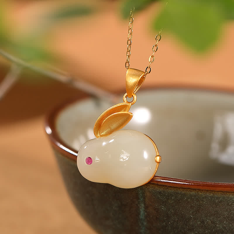 Boucles d'oreilles et collier porte-bonheur en jade Hetian en argent sterling 925 avec Buddha Stones Année du lapin