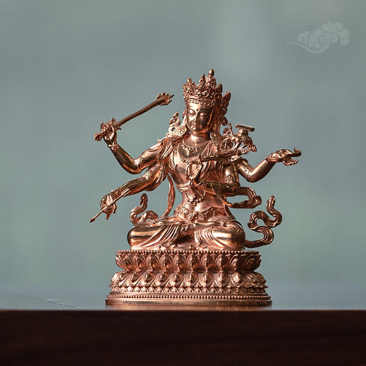 Figurine de Bodhisattva Manjusri à quatre bras Sérénité Statue en cuivre Décoration