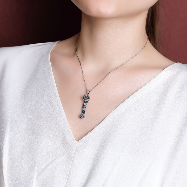 Collier pendentif en argent sterling 925 Buddha Stones, agate rouge, jade cyan, nuages de bon augure, poignée Ruyi, bénédiction