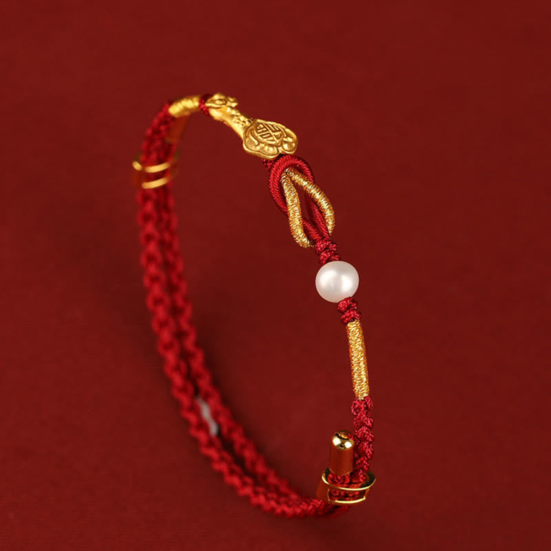 Bracelet tressé porte-bonheur en or 24 carats avec perles et lapin en forme de personnage Fu avec poignée Ruyi et Buddha Stones