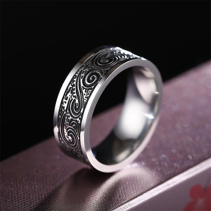 Bague d'équilibre en acier titane avec motif gravé de nuages de bon augure vintage