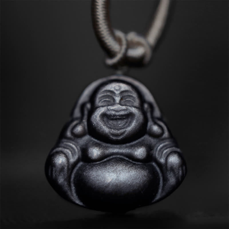Collier pendentif de protection Buddha Stones rieur en obsidienne argentée naturelle - image 5