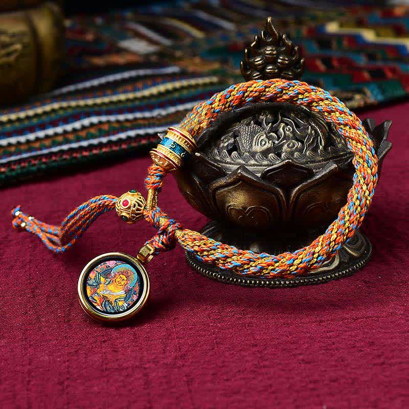 Bracelet tibétain en corde tressée avec breloque porte-bonheur Thangka en Buddha Stones