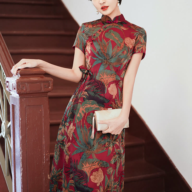 Robe Qipao en soie avec Buddha Stones, motif rétro de feuilles de fleurs, robe cheongsam pour femme