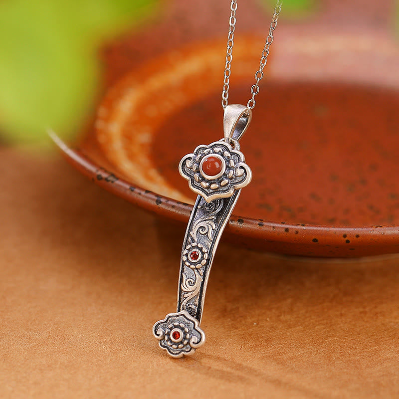 Collier pendentif en argent sterling 925 Buddha Stones, agate rouge, jade cyan, nuages de bon augure, poignée Ruyi, bénédiction