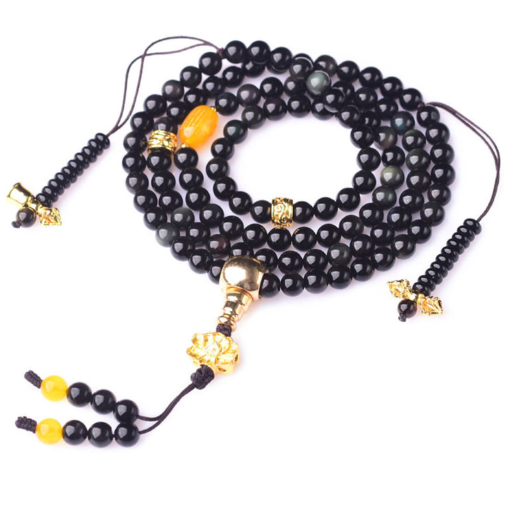Bracelet Mala Lotus Accomplissement en Obsidienne Noire Naturelle 108 Perles Buddha Stones