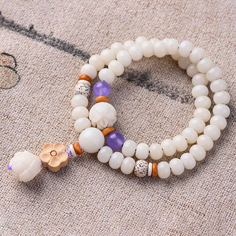 Bracelet de bénédiction Bodhi Lotus en jade blanc tibétain Buddha Stones