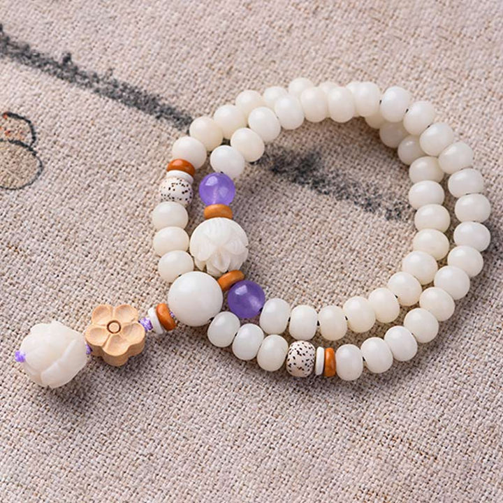 Bracelet de bénédiction Bodhi Lotus en jade blanc tibétain Buddha Stones