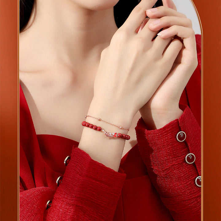 Bracelet à chaîne double couche en argent sterling 925 Buddha Stones et poisson Koi porte-bonheur en cinabre et zircon - image 11