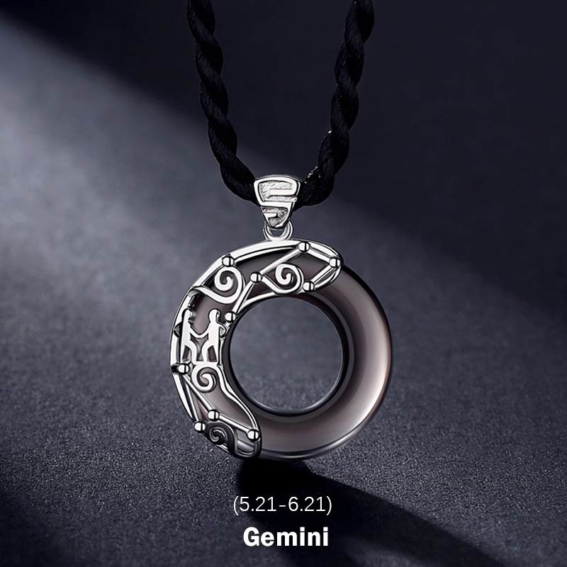 Collier pendentif rond en obsidienne glacée avec 12 constellations du zodiaque de Buddha Stones - Gémeaux - Corde - image 4